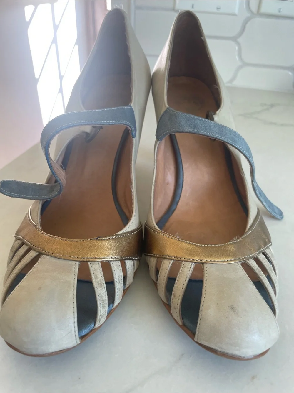 Jeffrey Campbell Ivory Leather Heels with Gold & Silver Accents - size 41